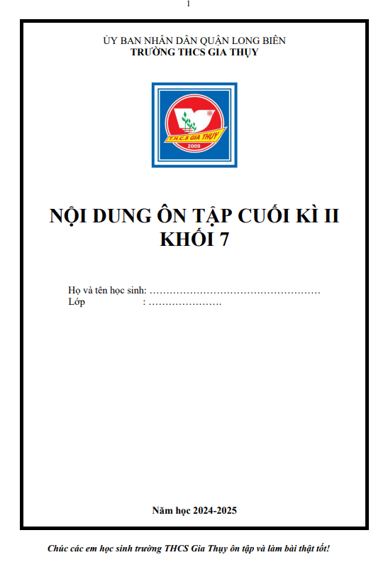 ôn tập cuối kỳ 2 toán 7 năm 2024 – 2025 trường thcs gia thụy – hà nội
